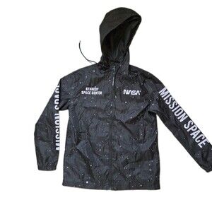Hyper Space NASA Kennedy Space Center Hooded Windbreaker Jacket Black Medium EUC